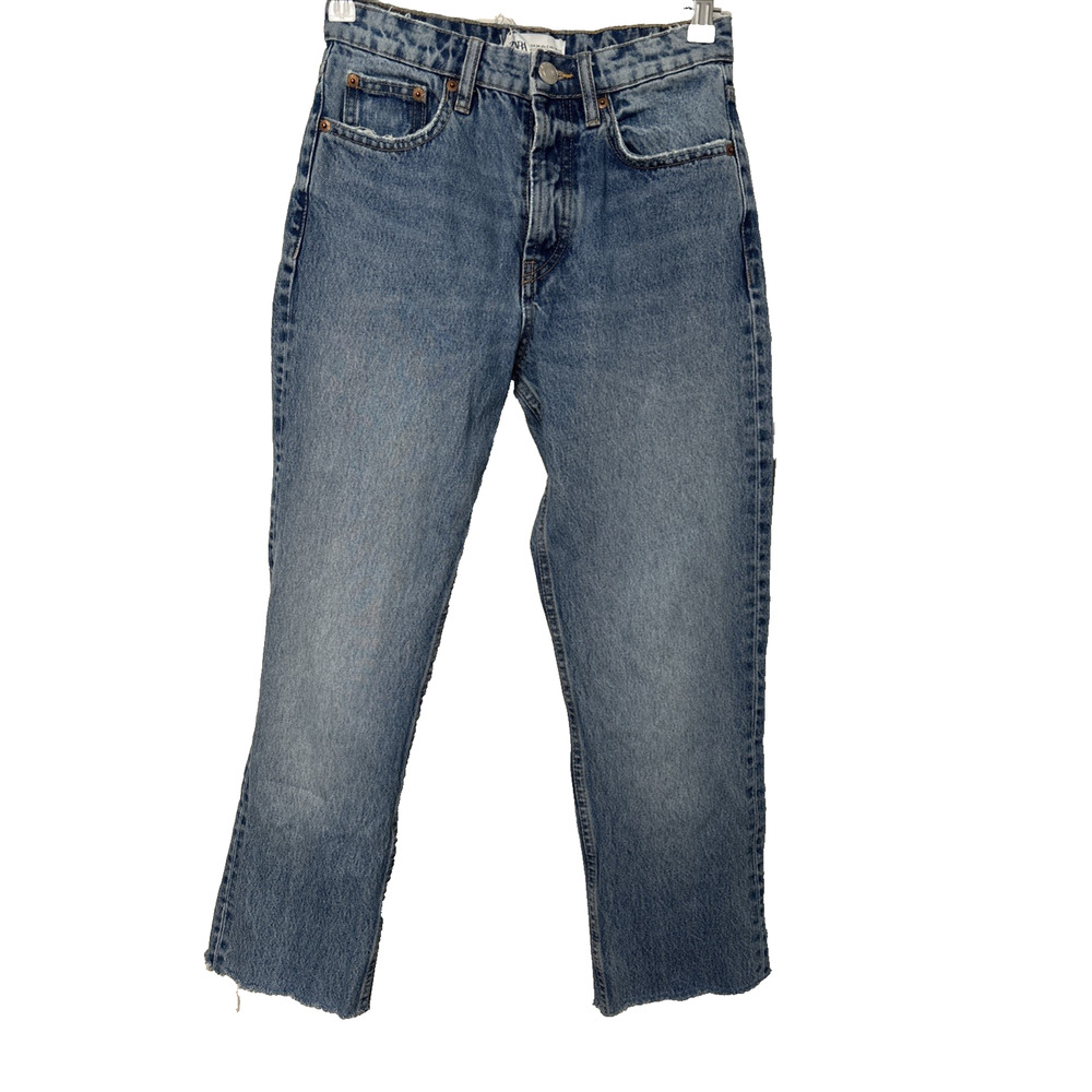 Zara Women's 2 High Rise Straight Leg Cropped Button Fly Jeans Y2K 90's Festival